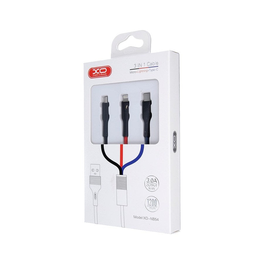 USB-A - Lightning / microUSB / USB-C Ladekabel XO Design NB54, 18W, 1.2m, Flerfarget