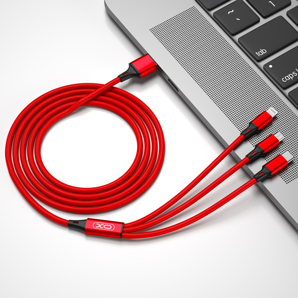 Ladekabel USB-A - Lightning / microUSB / USB-C XO Design NB173 3in1, 18W, 1.2m, Rød