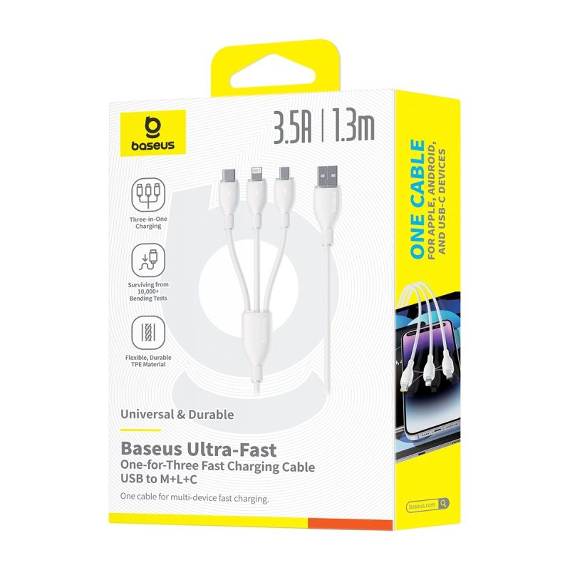 USB-A ladekabel - Lightning / microUSB / USB-C Baseus Ultra Fast 3in1, 18W, 1,3m, hvit P10376303211-00