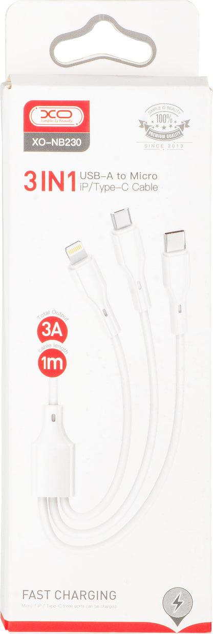 Ladekabel USB-A - Lightning / microUSB / USB-C XO Design NB230 3in1, 20W, 1m, Hvit