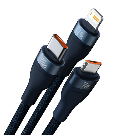 USB-A - Lightning / microUSB / USB-C Baseus Flash Series II 3in1 ladekabel, 100W, 1.2m, Blå CASS030003