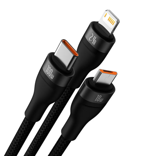 USB-A - Lightning / microUSB / USB-C Baseus Flash Series II 3in1 ladekabel, 66W, 1.2m, Svart CASS040001