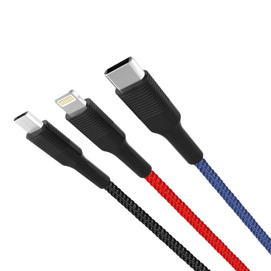 USB-A - Lightning / microUSB / USB-C Ladekabel XO Design NB54, 18W, 1.2m, Flerfarget