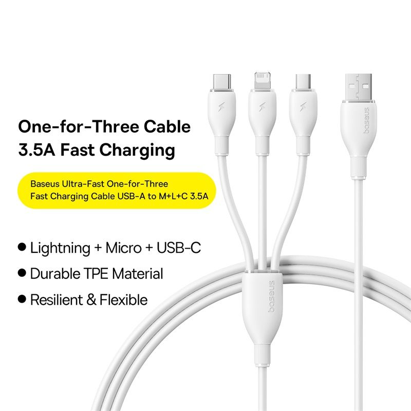 USB-A ladekabel - Lightning / microUSB / USB-C Baseus Ultra Fast 3in1, 18W, 1,3m, hvit P10376303211-00