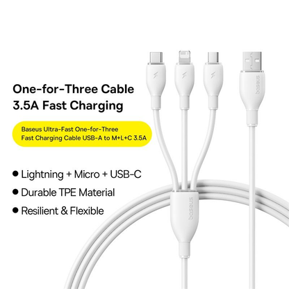 USB-A ladekabel - Lightning / microUSB / USB-C Baseus Ultra Fast 3in1, 18W, 1,3m, hvit P10376303211-00