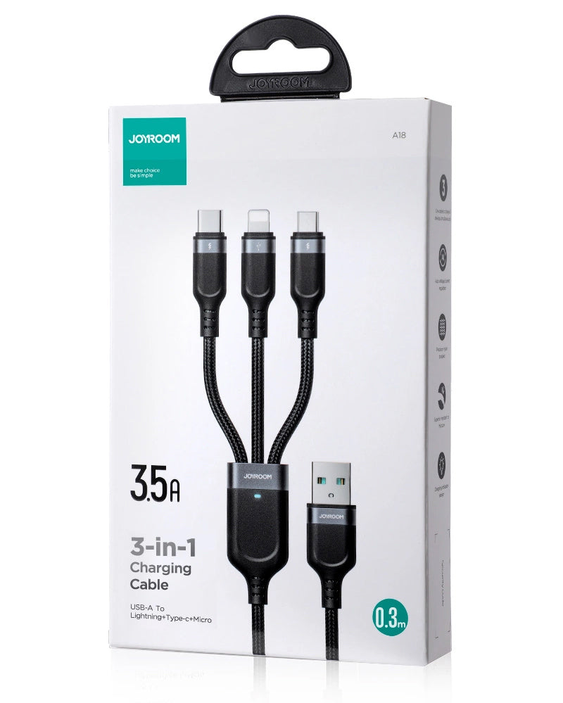 Ladekabel USB-A - Lightning / microUSB / USB-C Joyroom S-A18 3in1, 20W, 0.3m, Svart