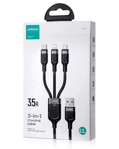 Ladekabel USB-A - Lightning / microUSB / USB-C Joyroom S-A18 3in1, 20W, 0.3m, Svart