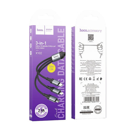 Ladekabel USB-A til Lightning / microUSB / USB-C HOCO X102 3in1, 18W, 1m, Svart 