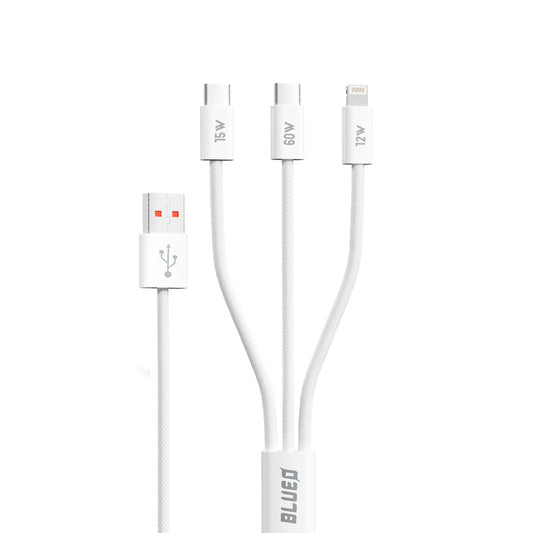 Ladekabel USB-A - Lightning / 2 x USB-C Blueo, 75W, 1.2m, Hvit