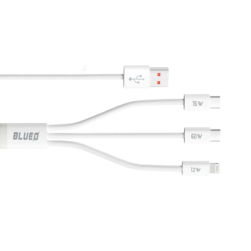 Ladekabel USB-A - Lightning / 2 x USB-C Blueo, 75W, 1.2m, Hvit