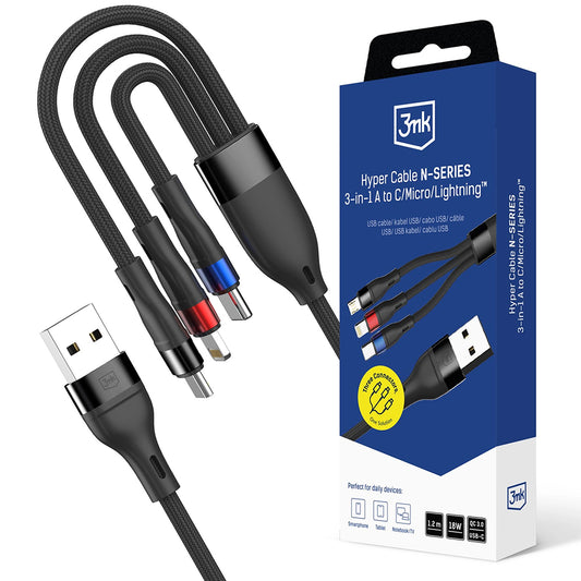 USB-A - Lightning / microUSB / USB-C 3MK Hyper N ladekabel, 18W, 1.2m, Svart