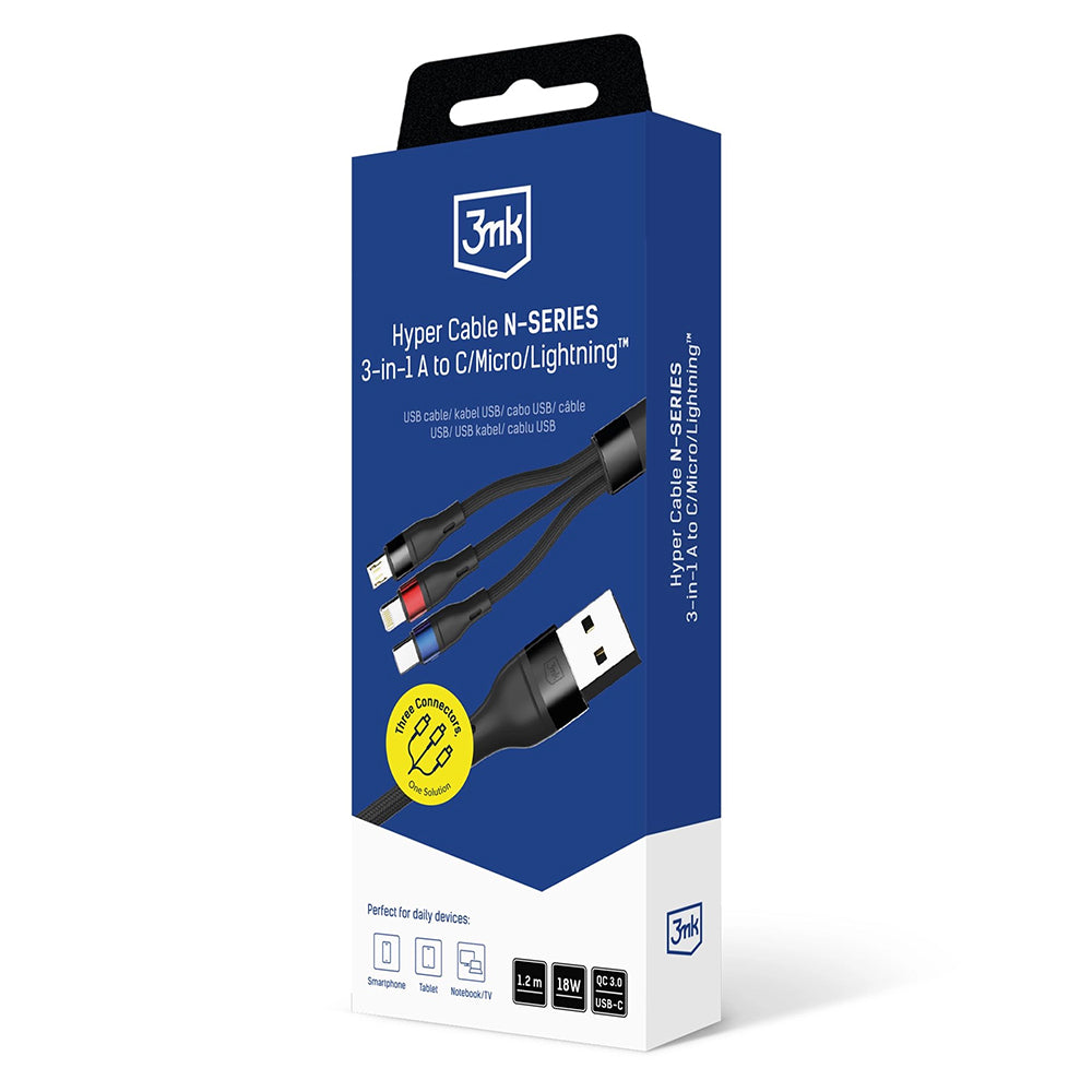 USB-A - Lightning / microUSB / USB-C 3MK Hyper N ladekabel, 18W, 1.2m, Svart