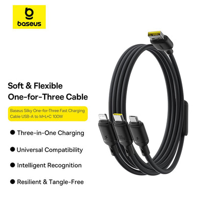 USB-A - Lightning / microUSB / USB-C Baseus Silky 3in1 ladekabel, 100W, 1.5m, Svart P10377705123-00