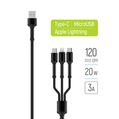 Ladekabel USB-A - Lightning / microUSB / USB-C ColorWay CW-CBU3003, 20W, 1.2m, Grå