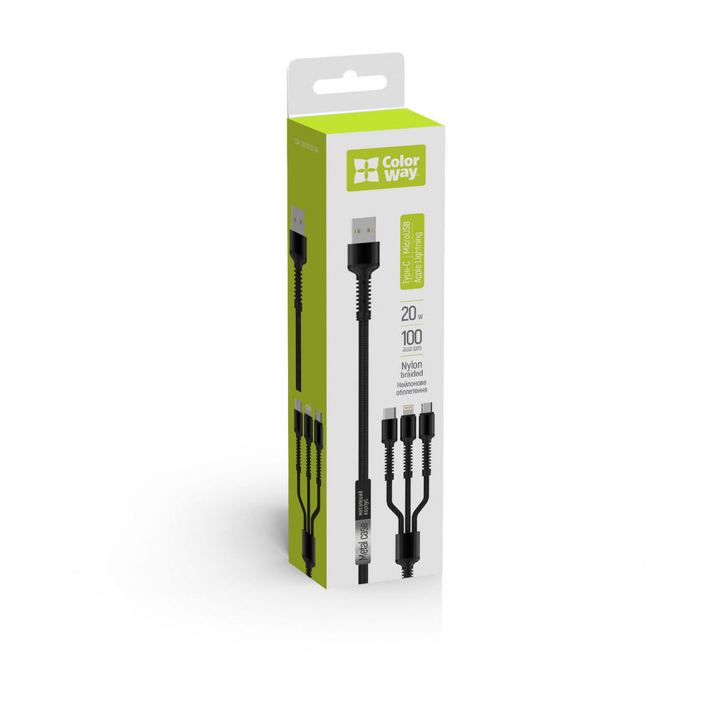 Ladekabel USB-A - Lightning / microUSB / USB-C ColorWay CW-CBU3003, 20W, 1.2m, Grå