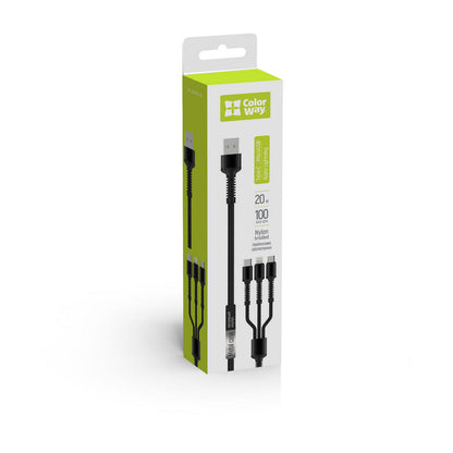 Ladekabel USB-A - Lightning / microUSB / USB-C ColorWay CW-CBU3003, 20W, 1.2m, Grå