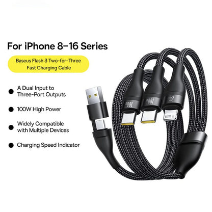 USB-A / USB-C - Lightning / 2 x USB-C Baseus Flash Series III 3in1 ladekabel, 100W, 1.5m, Svart P10377800U01-00
