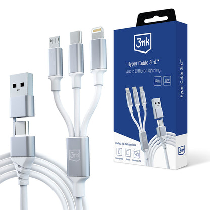 Ladekabel USB-A / USB-C - Lightning / microUSB / USB-C 3MK Hyper 3in1, 12W, 1.5m, Hvit