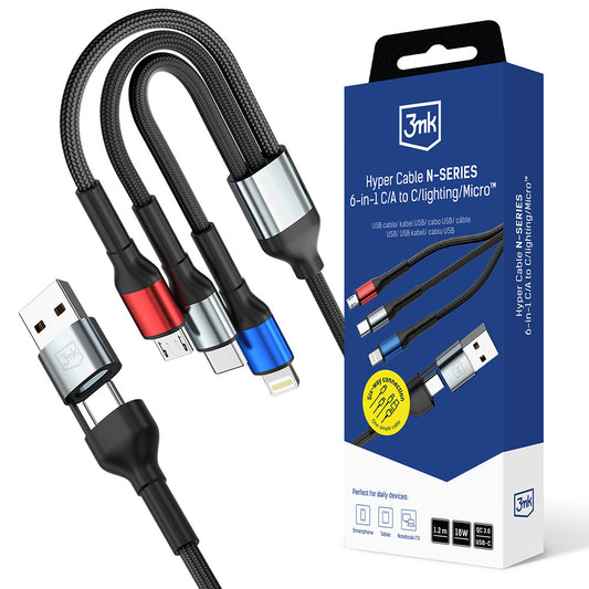 USB-A / USB-C - Lightning / microUSB / USB-C 3MK Hyper N ladekabel, 18W, 1.2m, Svart