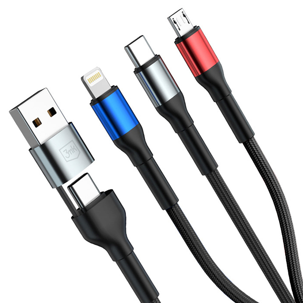 USB-A / USB-C - Lightning / microUSB / USB-C 3MK Hyper N ladekabel, 18W, 1.2m, Svart