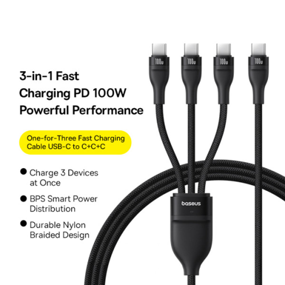 USB-C ladekabel - 3 x USB-C Baseus Flash Series III 3in1, 100W, 1.5m, Svart P10377503111-00