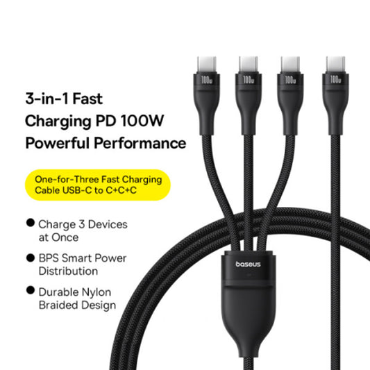 USB-C ladekabel - 3 x USB-C Baseus Flash Series III 3in1, 100W, 1.5m, Svart P10377503111-00