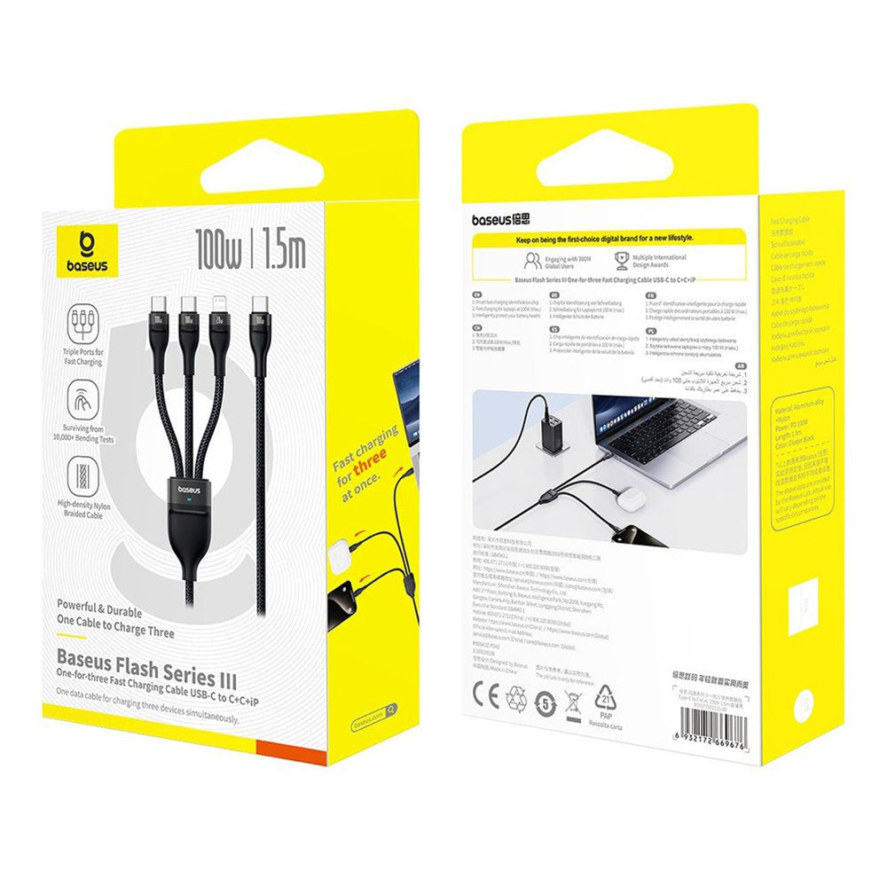 USB-C - Lightning-ladekabel / 2 x USB-C Baseus Flash Series III 3in1, 100W, 1.5m, Svart P10377502111-00