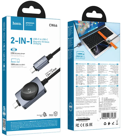 USB-C ladekabel - USB-C HOCO CW66 2in1, 100W, 1,2m, svart