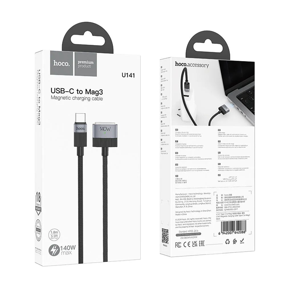 Ladekabel HOCO U141, USB-C - MagSafe 3, 140W, 1.8m, Svart