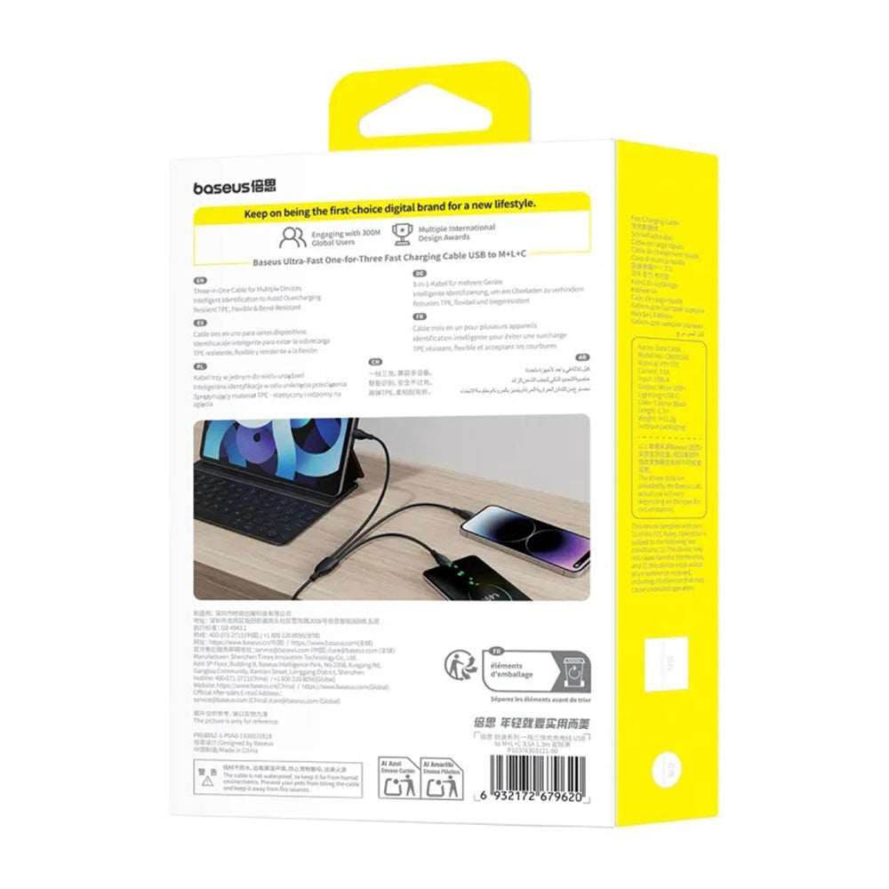 USB-C - Lightning / microUSB / USB-C Baseus Ultra Fast 3in1 ladekabel, 20W, 0.8m, Svart P10377501111-00