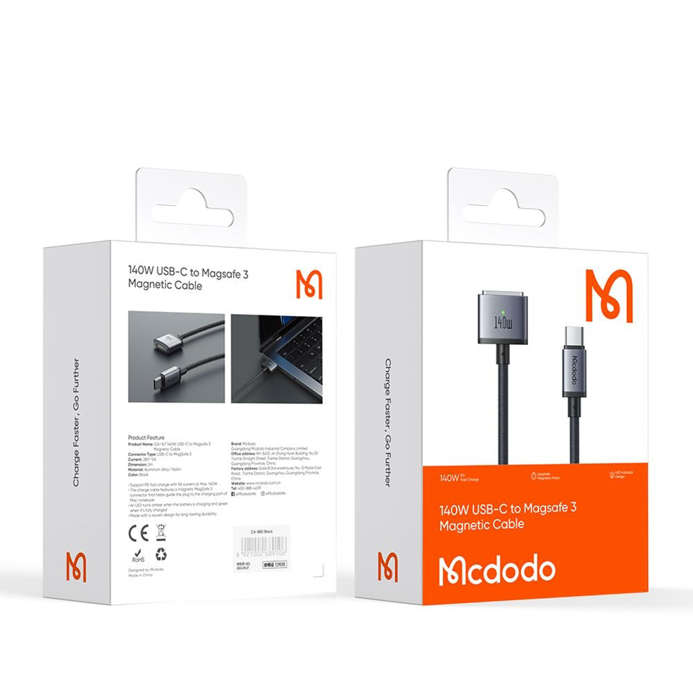 McDodo CA-1470 Ladekabel, USB-C - MagSafe 3, 140W, 2m, Svart