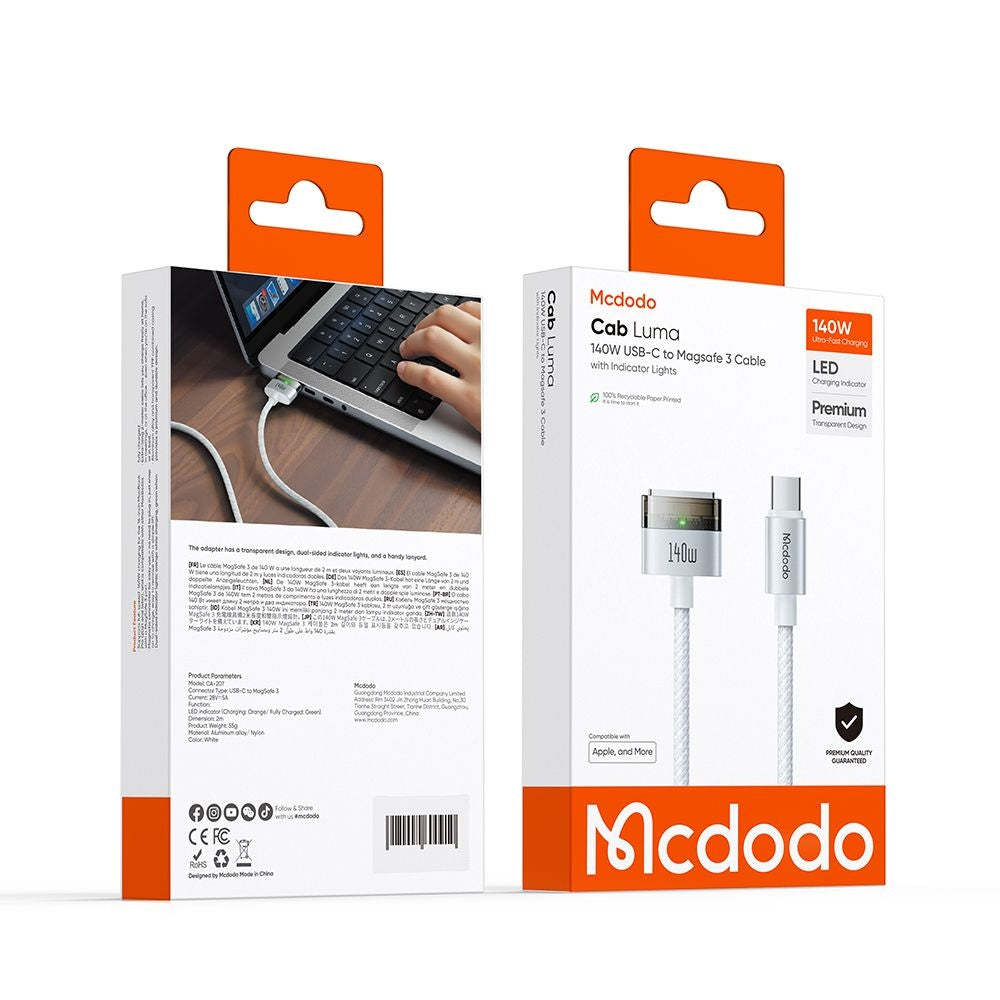 McDodo CA-2071 Ladekabel, USB-C - MagSafe 3, 140W, 2m, Hvit