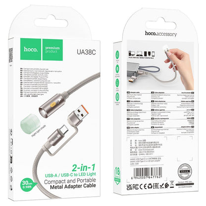 Led-kabel HOCO UA38C, USB-C / USB-A, 0,3 m, Gull