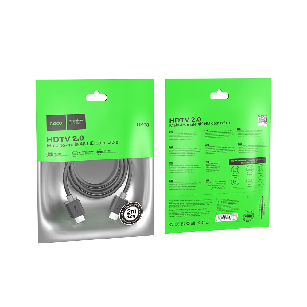 HOCO US08 videokabel, HDMI - HDMI, 4K, 2m, svart