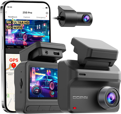 Bil Kamera Foran Bak DDPAI Z50 Pro Dual, 4K, Wi-Fi, GPS, 3-tommers skjerm