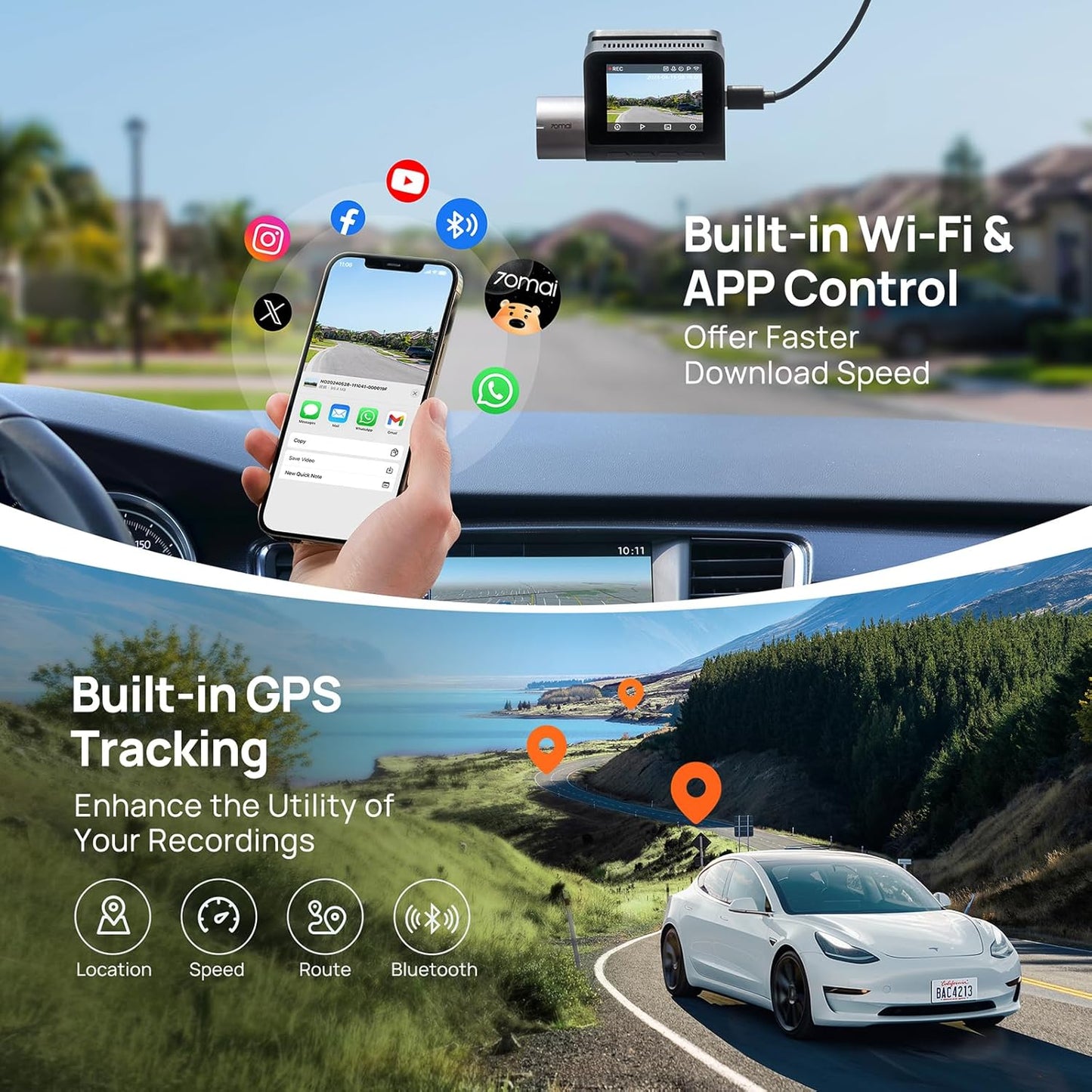 Bil Kamera Foran Bak 70mai Dash Cam A510, 3K, GPS, Wi-Fi, Skjerm 2 tommer