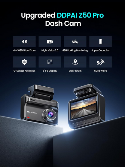 Bil Kamera Foran Bak DDPAI Z50 Pro Dual, 4K, Wi-Fi, GPS, 3-tommers skjerm