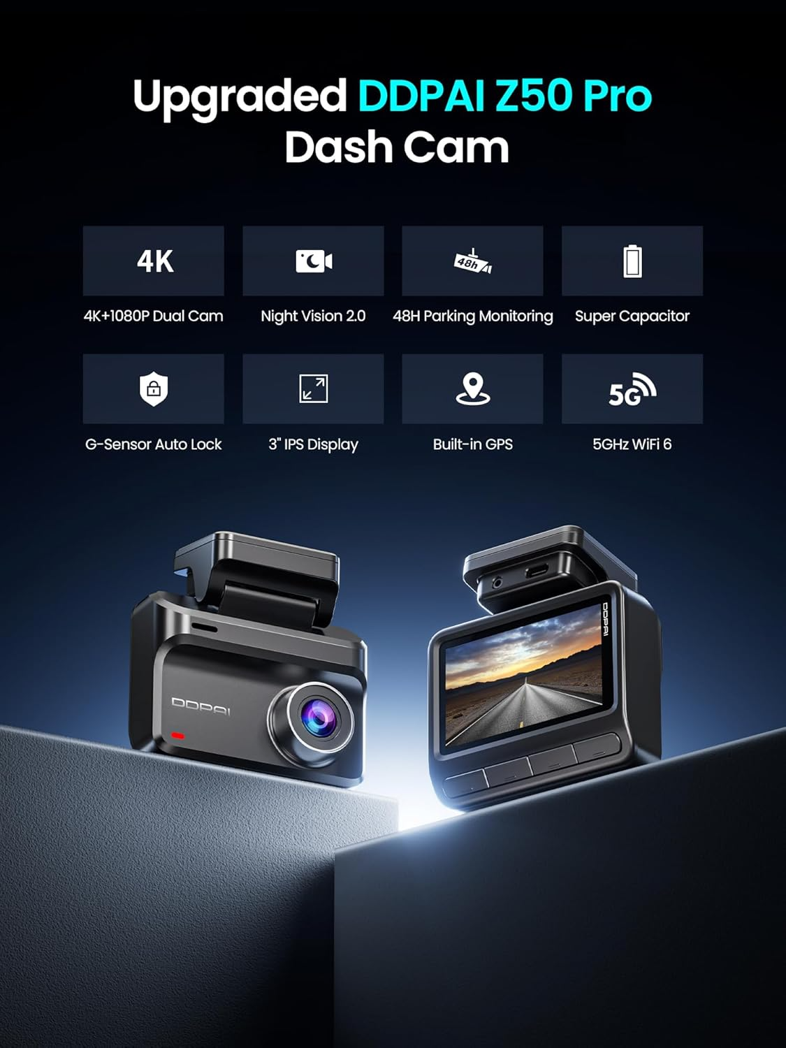 Bil Kamera Foran Bak DDPAI Z50 Pro Dual, 4K, Wi-Fi, GPS, 3-tommers skjerm