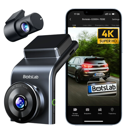 Botslab G300H Plus Front- og Bakovervåkingskamera for Bil, 4K, Wi-Fi, GPS, 2,4-tommers Skjerm