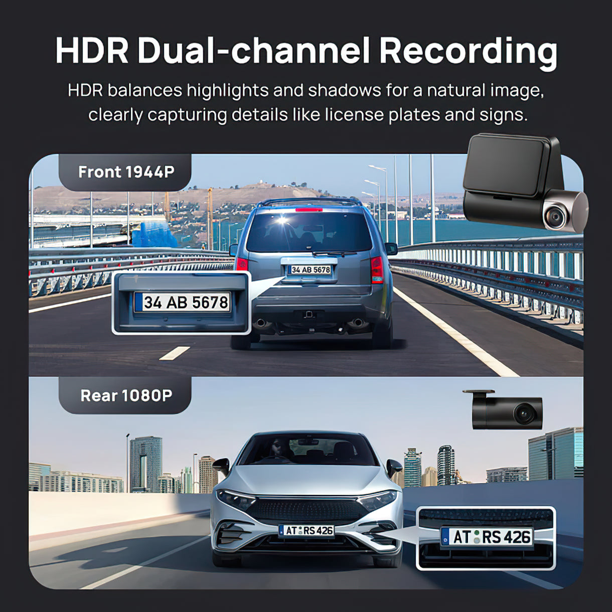 Bil Kamera Foran Bak 70mai Dash Cam A510, 3K, GPS, Wi-Fi, Skjerm 2 tommer