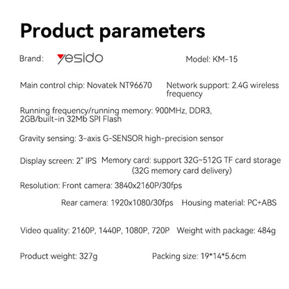 Bil Kamera Foran Bak Yesido KM15, 4K, Wi-Fi, 2-tommers skjerm