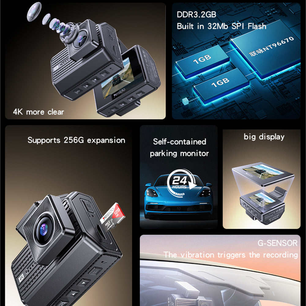 Bil Kamera Foran Bak Yesido KM15, 4K, Wi-Fi, 2-tommers skjerm