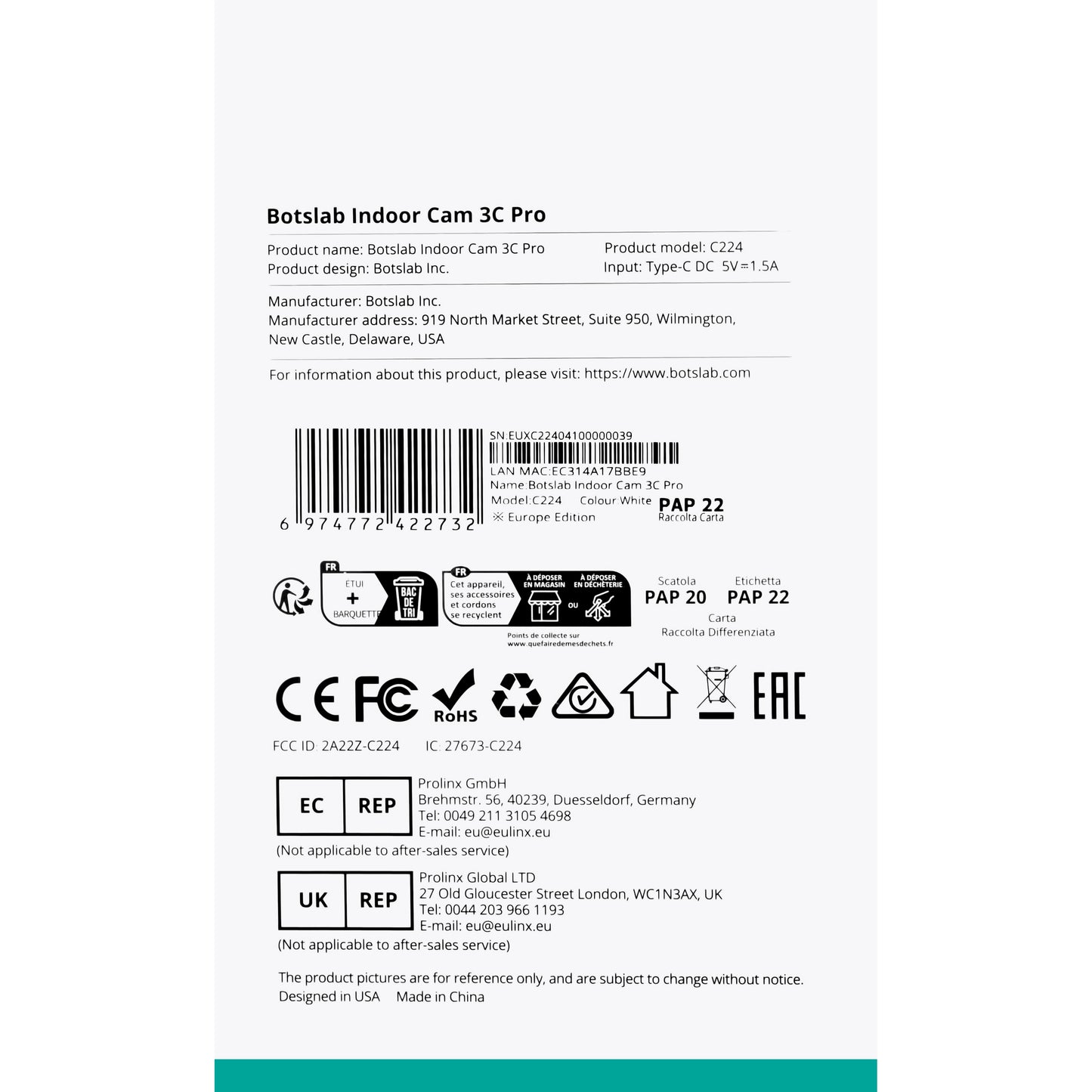 Overvåkningskamera Botslab 3C Pro C224, Wi-Fi, 4K, Innendørs 