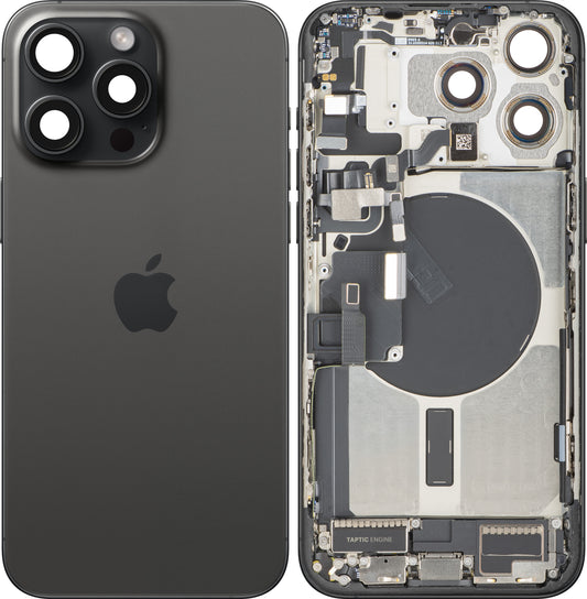 Batterideksel Apple iPhone 15 Pro Max, med midtre ramme, komplette deler, svart (Black Titanium), premium bytte