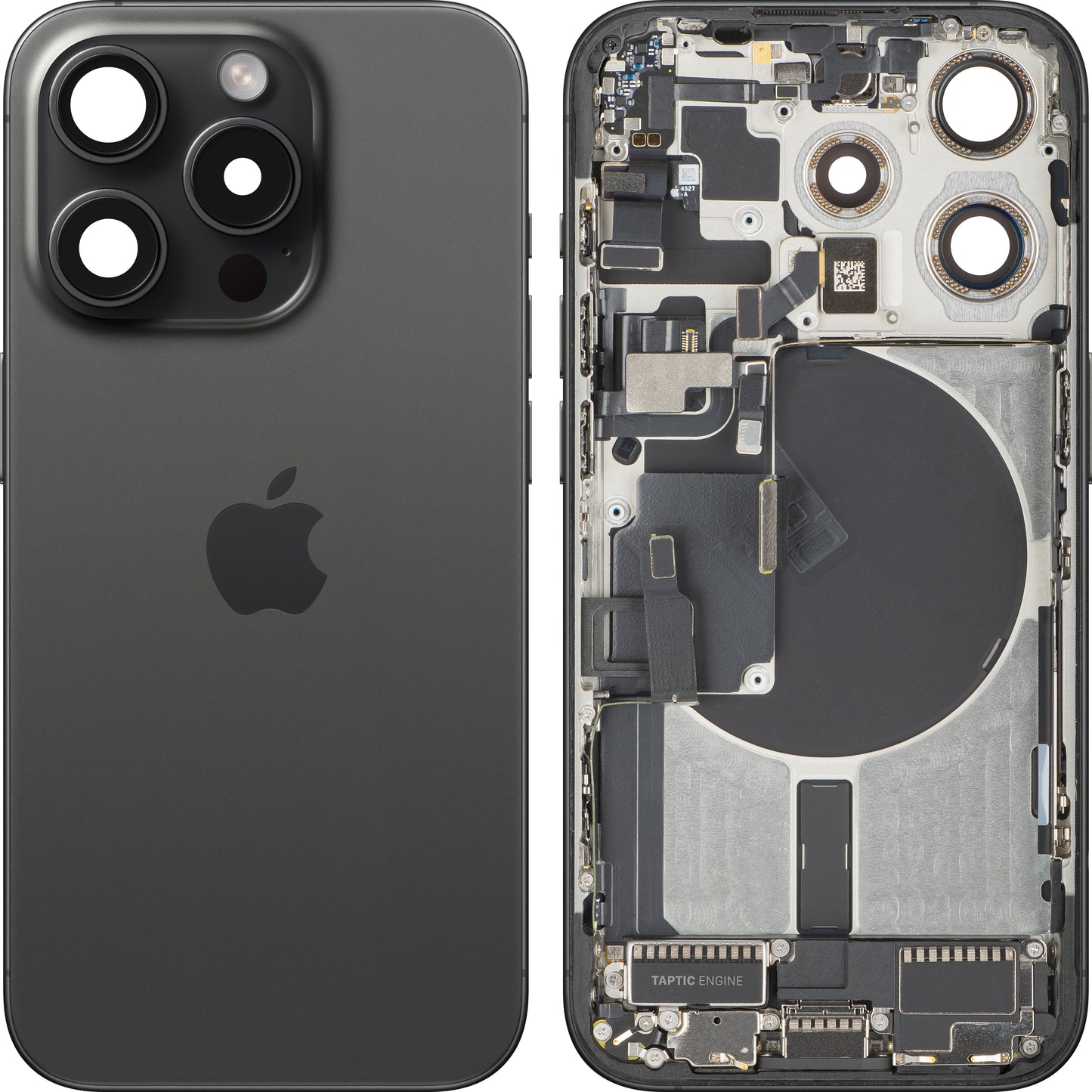 Batterideksel Apple iPhone 15 Pro, med mellomramme, komplette deler, svart (Black Titanium), bytte