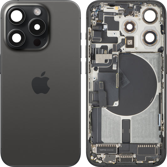 Batterideksel Apple iPhone 15 Pro, med mellomramme, komplette deler, svart (Black Titanium), bytte
