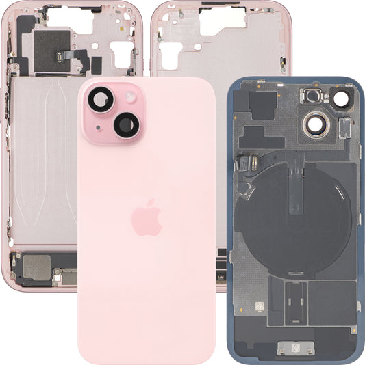 Apple iPhone 15 Batterideksel, med midtre ramme, komplette deler, rosa, premium bytte