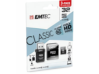 Minnekort microSDHC Emtec C10 Classic, 32Gb, Klasse 10, Med Kortleser og Adapter ECMSDM32GHC10CGRA2