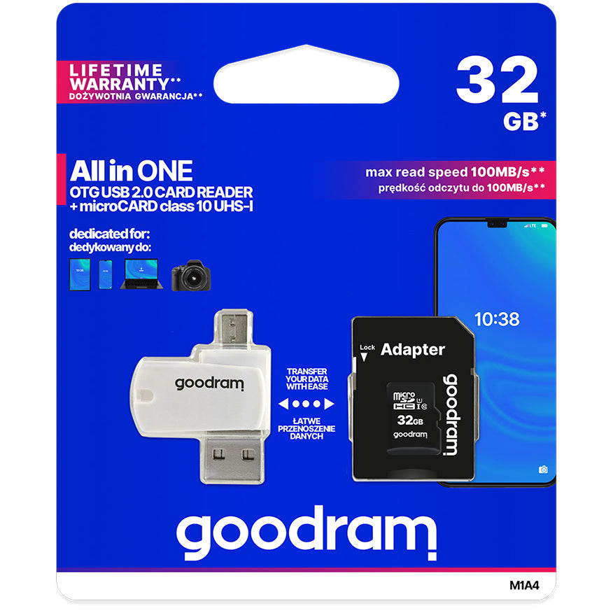 GoodRam microSDHC-minnekort, 32GB, Klasse 10 / UHS-1 U1, med kortleser og adapter M1A4-0320R12