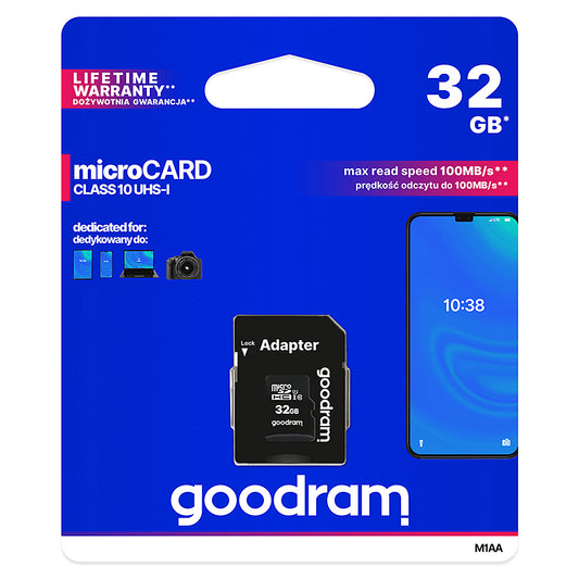 GoodRam microSDHC-minnekort, 32GB, Klasse 10 / UHS-1 U1, med adapter